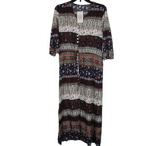 NXH Women's Brown & White Arabesque Button-Up Dress XL